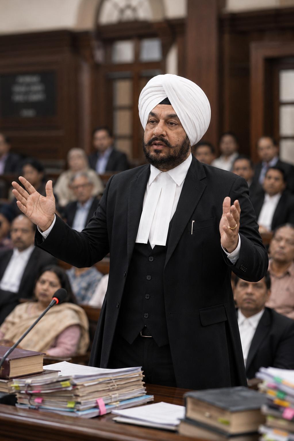 Amandeep Singh Rai addressing the court, arms raised in argument